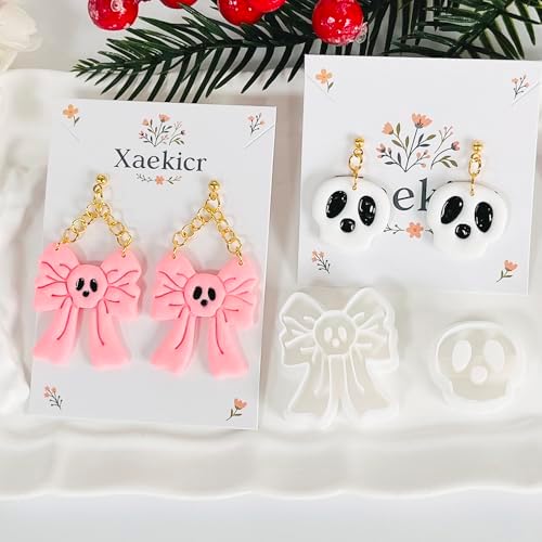 Xaekicr Skull Bow & Cartoon Skeleton Polymer Clay Cutters – Halloween Clay Earring Cutters for DIY Earrings – Cute Polymer Clay Molds for Jewelry Making – Clay Tools for Craft Lovers