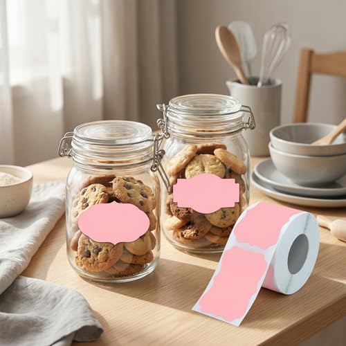 300 Pcs Pink Labels Stickers, 1.2x2 Inch, 3 Decorative Designs, Writable for Gift Wrapping, Pantry Storage, Jars & Wedding Decor