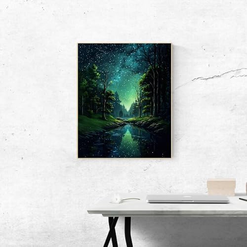 ldazao Starry Night Framed Paint By Numbers Kit for Adults Beginner Forest Adult Paint By Number Artist Kits Canvas DIY Oil Painting for Gift Home Wall Decor 9.5x12 Inch
