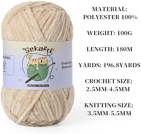 Fuzzy Chenille Yarn for Crocheting, Fluffy Amigurumi Crochet Yarn for DIY Craft/Hat/Shoes, (100g/197yds) Soft Velvet Baby Blanket Yarns（Beige）