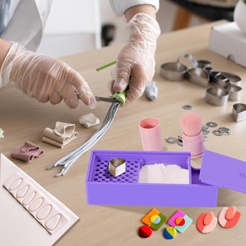 WECLAYER Cornstarch Box for Polymer Clay,Polymer Clay Tools with Cleaning Brush and Removable Filter,Cornstarch Container with Sealed LId,Clay Earring Making Kit for Jewelry Making