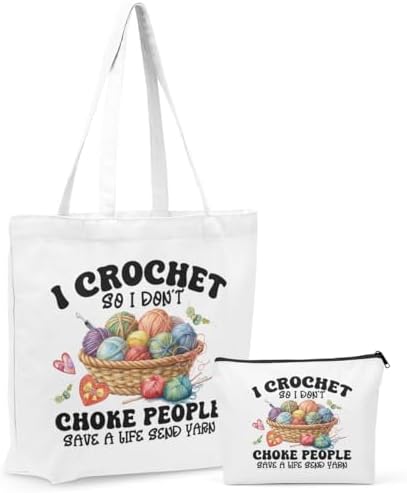 Crochet Knitting Supplies Canvas Tote Bag Makeup Bag Set, Crochet Accessories Gifts for Women Grocery Cosmetic Bags