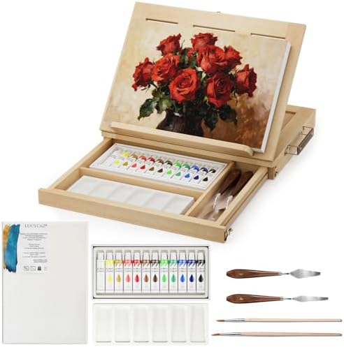 LUCYCAZ Art Easel for Painting,Pine-Wood Portable Easel Stand for Kids | Tabletop Painting Easel Set for Artists with Canvas, Acrylic Paints, Brushes, Palette and Palette Knives for Adults Beginners