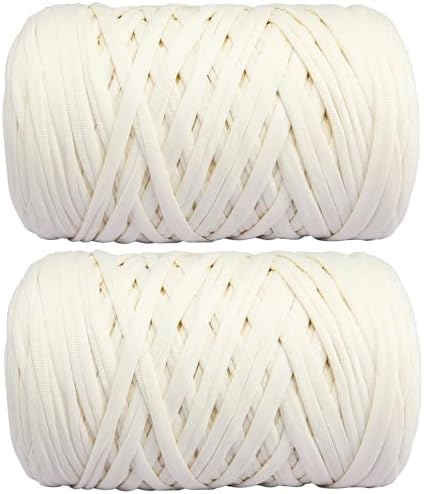 2 PCS 800g T-Shirt Yarn Elastic Fabric Crochet for DIY Knitting, 260 Yards Spaghetti Thick Knitting Yarn for Hand DIY Bag Basket Cushion Crocheting Projects,Home Decor (Beige)