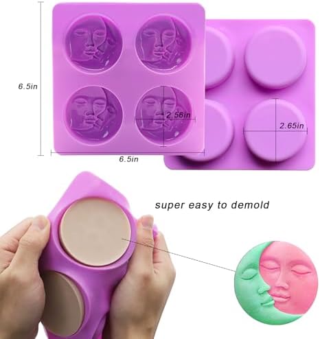 Sun and Moon Silicone Soap Molds 4 Cavity Crescent Moon Face Silicone Soap Mold Bath Bomb Molds for Homemade Lotion Bar Polymer Clay DIY Candle Resin Making Wax Candy Chocolate