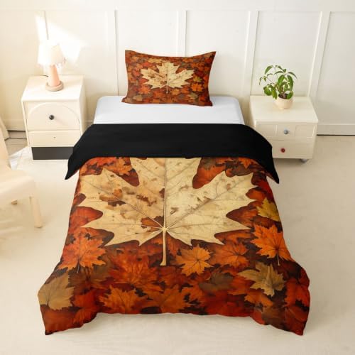 Erosebridal Maple Leaf Duvet Cover Twin Size Autumn Fall Bedding Set for Kids Boys Girls Boho Vintage Comforter Cover Modern Abstract Bedclothes Room Decor