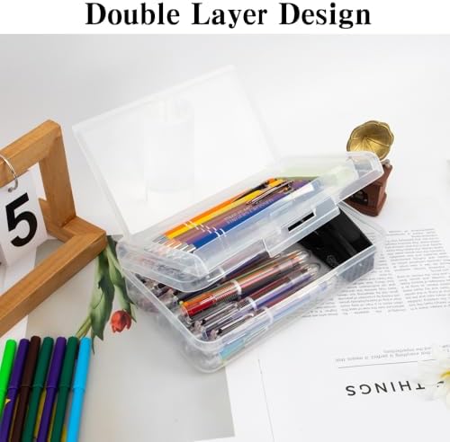 Pencil Case, Double Layer Large Capacity Plastic Pencil Box, Clear Crayon Box, Hard Pen Boxes with Snap-tight Lid, Storage Art Craft Box Marker Organizer for Kids Boys Offices School Supplies