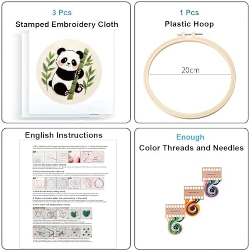 Konrisa Panda Embroidery Starter Kit for Beginners, Cross Stitch Kit with 3pcs Embroidery Pattern, DIY Sewing Project Adult Needlepoint Kit with Hoop, Set of 3
