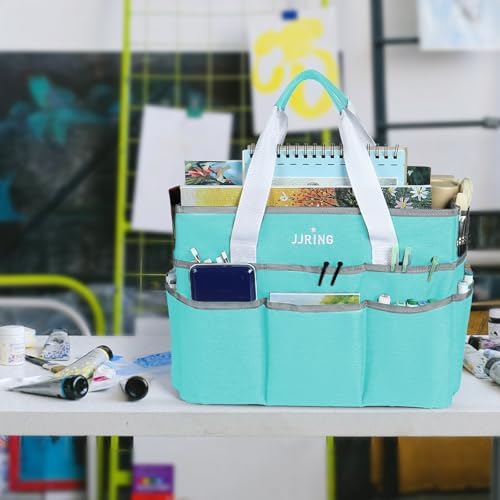 JJRING Craft Organizer Tote Bag Large Art Storage Caddy Sky Blue | With Multiple Pockets For Sewing, Scrapbooking, School, Medical, And Office Supplies