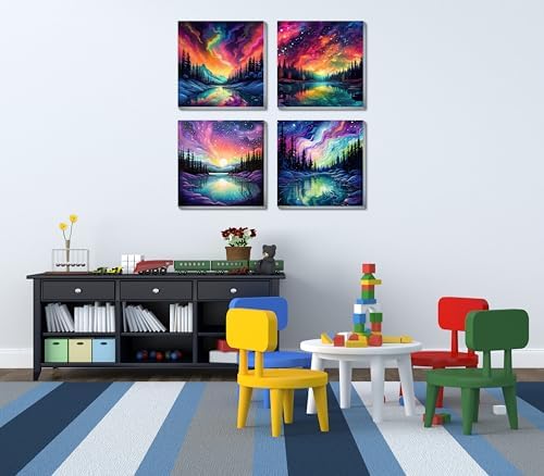 FQOVKYN 4 Pack Landscape Paint by Number for Adults Framed Canvas, DIY Aurora Arts and Crafts for Adults Beginner with Paint Brushes, Acrylic Paint Set for Home Wall Decor, 8 * 8 Inch