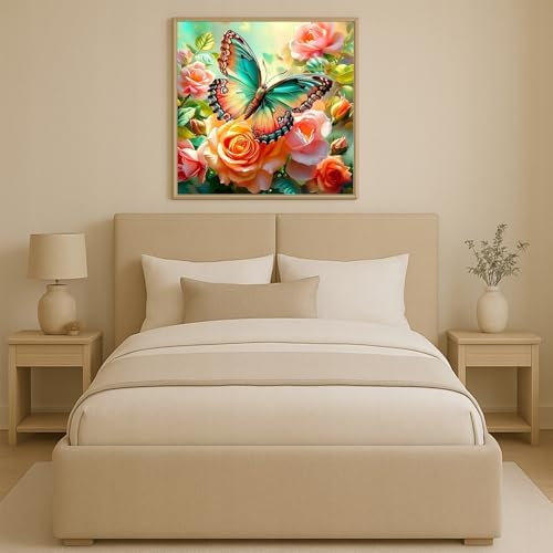 TYPUSOK Butterfly Diamond Art Kits for Adults,Round Full Drill 5D Diamond Painting Kits for Beginners,Flower DIY Diamond Dots Pictures Gem Art Kit,Home Wall Decor 13.78x13.78in