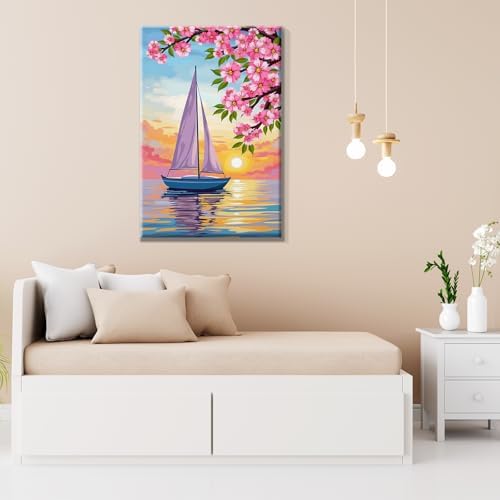 JOOZ Sailboat Paint by Numbers Kit for Adults with Frame Sunset Paint by Number with Easel Flowers Adult Paint by Number Kits Framed Canvas Oil Painting Kits for Home Wall Decor 8x12 Inch