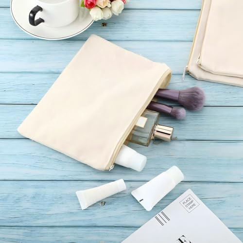 Gejoy 10 Pack Blank Canvas Cosmetic Bags Zipper Pouch DIY,S,Beige