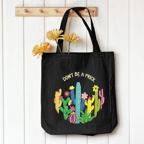 Louise Maelys 2 in 1 Embroidery Kit Canvas Tote Bag with Cactus Design