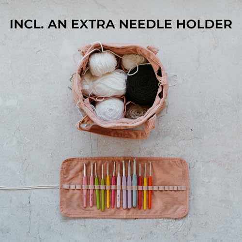KIBAGA Stylish Yarn Bag for Crochet and Knitting Projects - Corduroy Crochet Organizer with 4 Interior Pockets and Yarn Holes - Perfect for Storing Hooks, Needles and Crafting Accessories