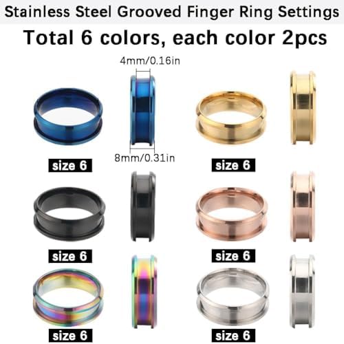 SUNNYCLUE 1 Box 12Pcs Stainless Steel Ring Blanks US Size 7 Grooved Finger Rings Blue Black Golden Ring Core Blank Ring Cores Round Groove Empty Inlay Ring Blanks for Resin Crafts Jewelry Making Kits