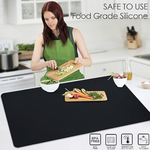 Extra Large Silicone Mat, 31.5x17 Inch Heat Resistant Mat for Kitchen Counter, Non Stick Silicone Baking Mat for Dough and Pastry, Thick Silicone placement Countertop Protector, Black countertop mat