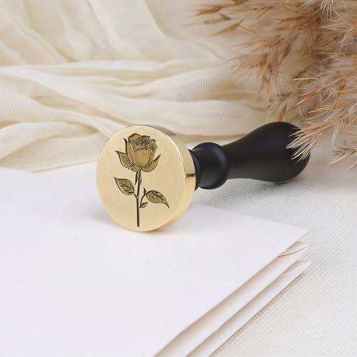 UNIQOOO 3D Embossed Relief Rose Flowers Wax Seal Stamp with Wooden Handle, Floral Botanical Theme Vintage Brass Stamp for Wedding Invitation, DIY, Gift Wrap, Envelopes, Christmas Card