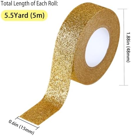 Gold Glitter Washi Tape 2 Rolls, Sparkle Decorative Tape for DIY Crafts Scrapbooking Journaling, Sticky Colored Masking Tape for Art, Wall Decor Gift Wrapping (0.6in x 11Yard)
