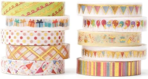 YUBBAEX 10 Rolls Sparkling Washi Tape Set 8mm Skinny Gold Foil Decorative Masking Washi Tapes for Bullet Journal,Scrapbook, Planner, DIY Crafts (Party Elements)