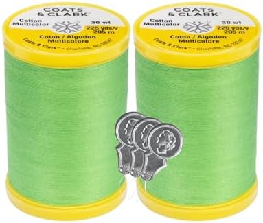 Coats & Clark Cotton All Purpose Sewing Thread 100% Mercerized Cotton 225 Yards Each Spool S970 2 Pack Bundle with 3 Bella's Crafts Needle Threaders (Lime)