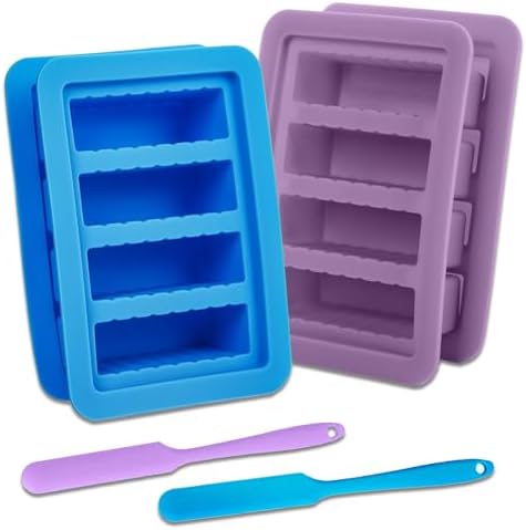 2PCS Butter Silicone Mold with Lid, Non-Stick Butter Mold Tray with Measurements, Butter stick molds with butter paddles for Making Butter for Chocolate Making and Homemade Cakes Baking (Blue&Purple)