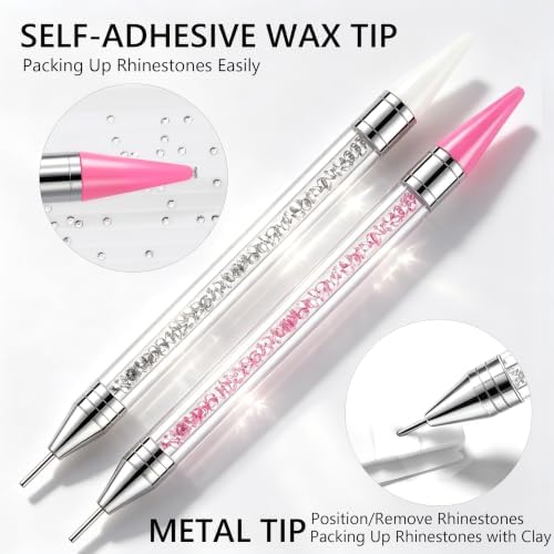 LIGHT RAIN Rhinestone Picker Tool - 2pcs Dual-head Bedazzling Pen with 4 Wax Tips, 8pcs Clay, Adjustable Precision Tweezers, 1400pcs Rhinestones and 2pcs Organizer Tray Kit for Nail Art