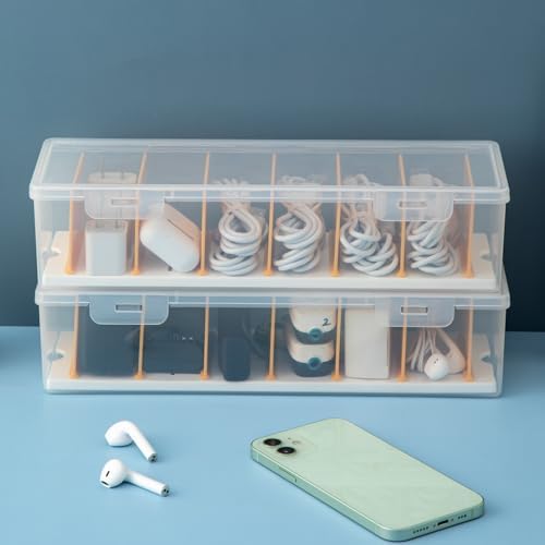 Vidifor 2-Pack Clear Cable Organizer Box with Adjustable Dividers, Portable Cord & Charger Storage for Drawer, Desk, Office & Home(Clear+Yellow-2pack)