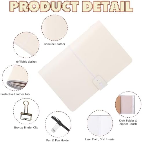 Thenshop Leather Travel Notebook 3 Inserts,White,A5 Size