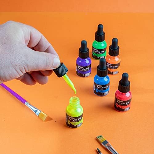 Mont Marte Acrylic Ink Premium 6pc x 20ml (0.7 US fl.oz), Acrylic Inks for Artists, Fluoro Colors, Ideal for Air Brush, Pouring Art, Scrapbooking, Ink Drawing, Mixed Media