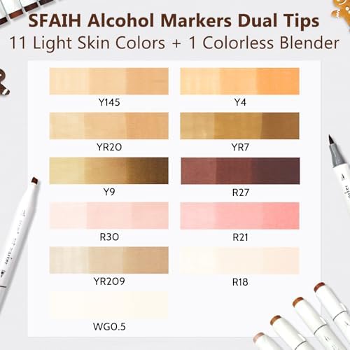 SFAIH Skin Tone Alcohol Markers Brush & Chisel - 11 Light Portrait Colors