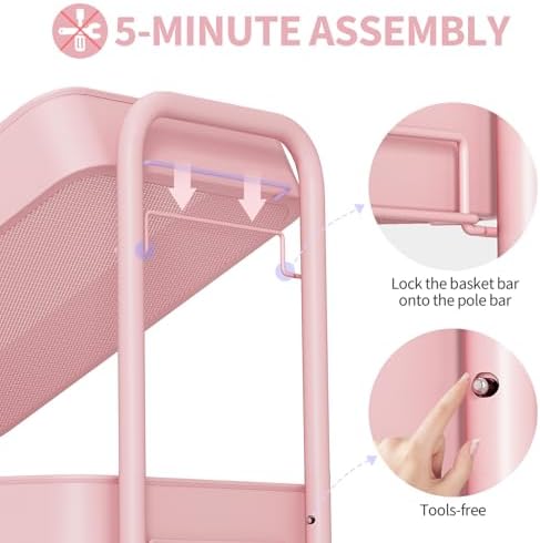 TOOLF 4 Tier Rolling Cart, Metal Utility Storage Cart with Pegboard, Pink | 2 Bins & 4 Hooks, Screwless Assembly, Lockable Wheels, Trolley Organizer for Bathroom, Kitchen, Office, Dorm, Craft Room