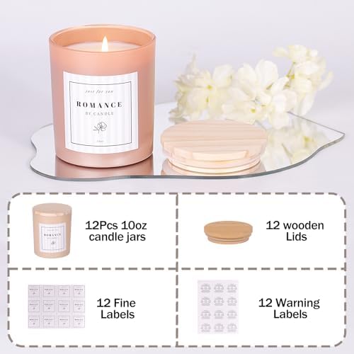12Pcs Assorted Amber Candle Jars for Making Candles, 10oz Empty Jars with Bamboo Lids and Labels, Glass Candle Jars for Candle Making Supplies, Candle Containers for DIY Gifts