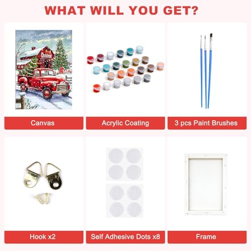 SENQAO Christmas Paint by Numbers for Adults Framed, Red Truck Farmhouse Adults' Paint-by-Number Kits, Adult Paint by Number Kits on Canvas, Acrylic Number Painting for Home Decor, 8x12inch
