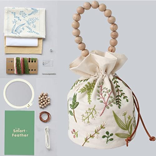 Smart-Feather Embroidery Drawstring Bag Kits with Patterns, Needlepoint Sewing Handbag Kit for Beginners, Embroidery Start Kit with Hoop