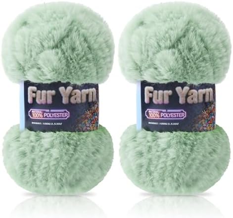 Faux Fur Yarn Soft Fluffy for Crocheting - 2 Skeins(Each 3.5oz/100g, 71yd/65m) - Chunky & Fluffy Yarn for Crochet Amigurumi, Blankets, Hand Knitting, Scarves &Crafts (2, Light Green)