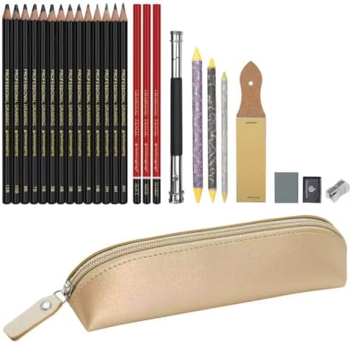 Heshengping, Sketching Pencil Drawing Pencils Set-26pcs, Art Supplies Drawing Kit,Graphite Charcoal Pro Draw Pencil Set,gift for Adults Beginners Artist for drawing sketching with Champagne Gold Case