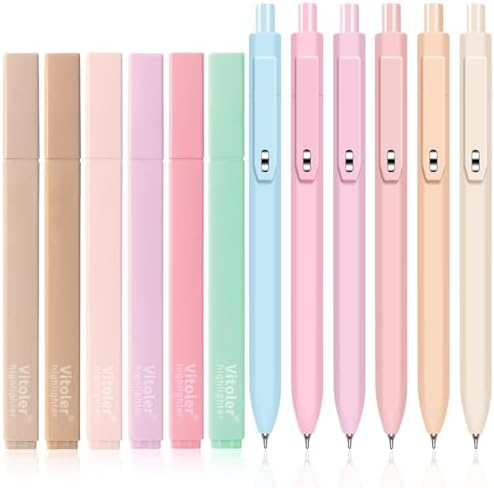 Vitoler Highlighters and Gel Pens，12 Pack Assorted Colors | Chisel Tip Quick Dry Aesthetic Highlighters and 0.5mm Black Ink Pens for Study, Journaling and Office Supplies