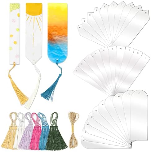 Acrylic Bookmarks Blanks Bulk 61PCS Clear Bookmark Plastic Blank 30 Sets with 6 Color Tassels & Twine String for Vinyl DIY Craft (3 Shape of Bookmarks)
