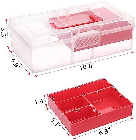 JUXYES Plastic Fishing Tackle Box Organizer with Removable Dividers, Clear Fishing Tackle Storage Boxes with Handle, 2 Layer Fishing Tackle Tray Box Lure Box, Red (Pack of 2)