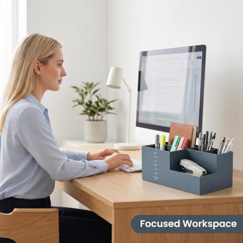 Jekelife Desk Organizer,3 Compartment Multi Grid Desk Container, Open Wide Opening Hard Thickened Pen Holder for Office Stationery, Home Small Item, School Supplies Organization Grey