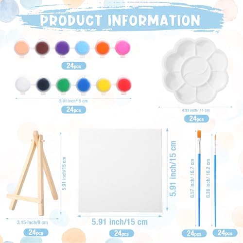 Qilery 24 Set 6 x 6 Inch Canvas Boards and Easel for Painting, Acrylic Paint Strips, Palettes, Brushes, Canvases Painting Kits for Kids Adults Artists Beginners Oil Acrylic Painting Party Favors