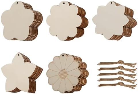 Flower 30pc 5Types Unfinished Wooden Gift Ornaments DIY Craft Birthday Present - Paintable Blank Natural Flower Cutouts Hanging Wood Slices for Kids Art Crafts DIY Gift Party Supplies