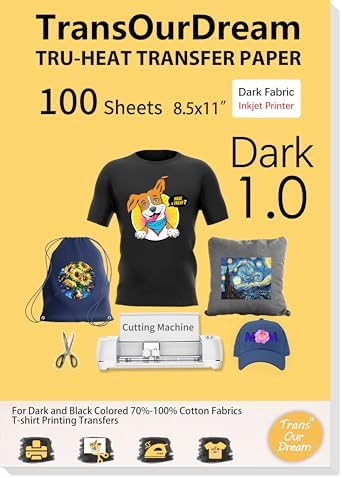 TransOurDream Heat Transfer Paper for Dark Fabric (100 Sheets, 8.5x11) Printable Heat Transfer Vinyl for T-Shirts Iron on Transfers for Inkjet Printer