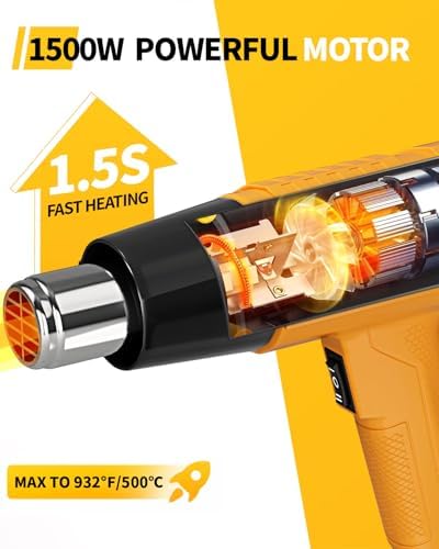 Tarlido Heat Gun 1500W 572°F-932°F(300°C-500°C) Fast Heating Heavy Duty Hot Air Gun Kit Variable Temperature Control Overheat Protection with 4 Nozzles for Crafts, Shrinking Pvc, StrippingPaint ﻿