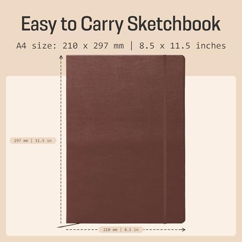 BROWNSTONE JOURNALS A4 Sketch Book Hardcover - 80 Sheets 100 GSM Paper | 8.5" x 11.5", Lay Flat, Vegan Leather Hardcover, Elastic Band, Back Pocket, Art Drawing Book for Adults & Students