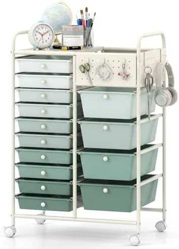 GOFLAME 14-Drawer Rolling Storage Cart with Pegboard, Craft Storage Cart with Lockable Wheels and Metal Frame, Art Cart Supply Storage Organizer for Home Office Classroom, Green Gradient