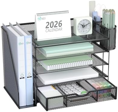 WALI Desk File Organizer, 5 Tier Desktop Paper Letter Tray Organizer with Drawer and 2 Pen Holders, Office Desk Accessories & Workspace Organizers for Office, Home Supplies(DO006DH-B), 1 Pack, Black