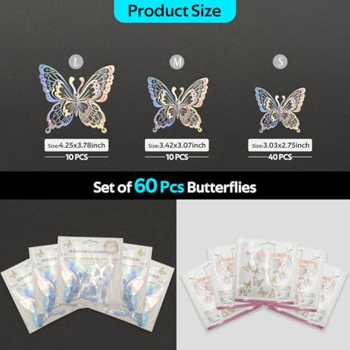 Butterfly Wall Stickers - 60pcs 3D Butterflies Removable Mural Wall Stickers for Home Room Bedroom Decoration Reusable Stickers (Sliver)
