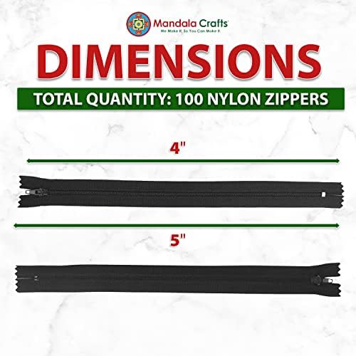 Mandala Crafts 100 PCs Black Closed-End 4 Inch Nylon Zippers for Sewing